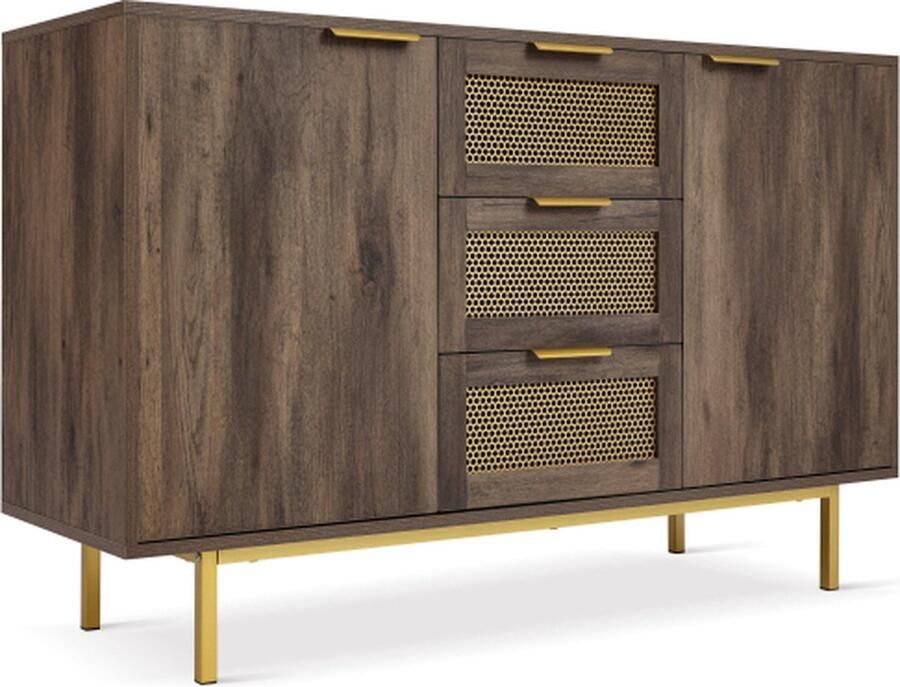 Zonder merk Gotagee Dressoir Ladekast Donkerbruin met 3 Laden en 2 Deuren 120x40x76cm Metalen Handgrepen Multifunctionele Kast Halkast Woonkamerkast