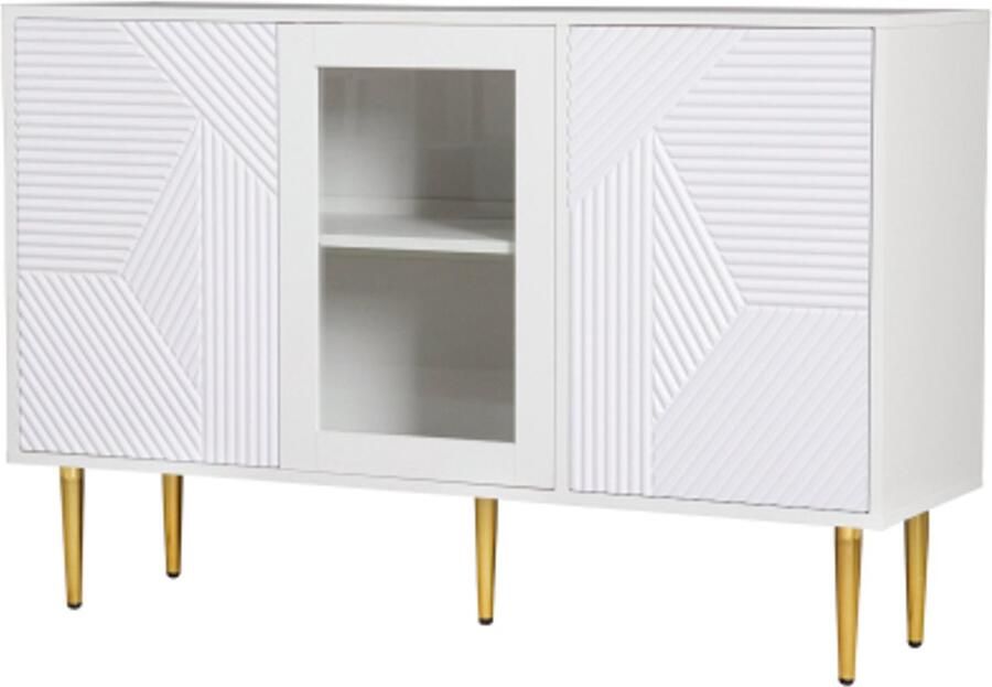 GOTAGEE Dressoir Ladekast met 3 deuren met metalen poten en glazen deuren wit afmetingen: 120 x 38 x 79 5 cm