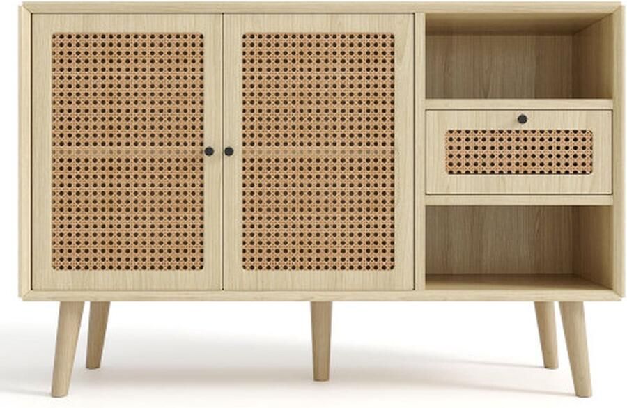 Zonder merk Gotagee Dressoir ladekast met laden en deuren Rotan gevlochten poten van massief hout Zwart metalen handgreep verstelbare planken Eiken