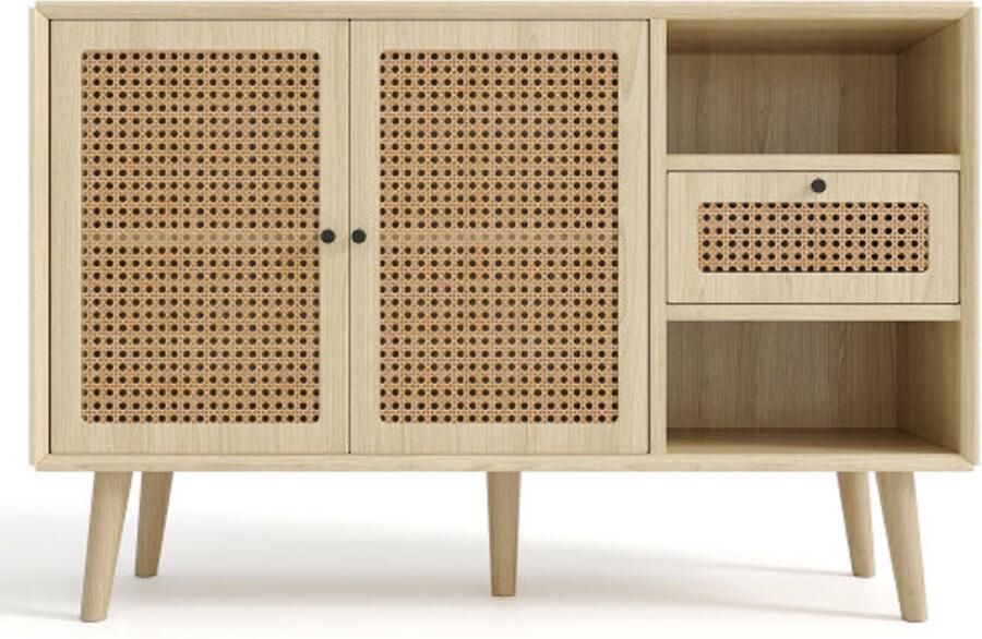 Dressoir ladekast met laden en deuren Rotan gevlochten poten van massief hout Zwart metalen handgreep verstelbare planken Eiken