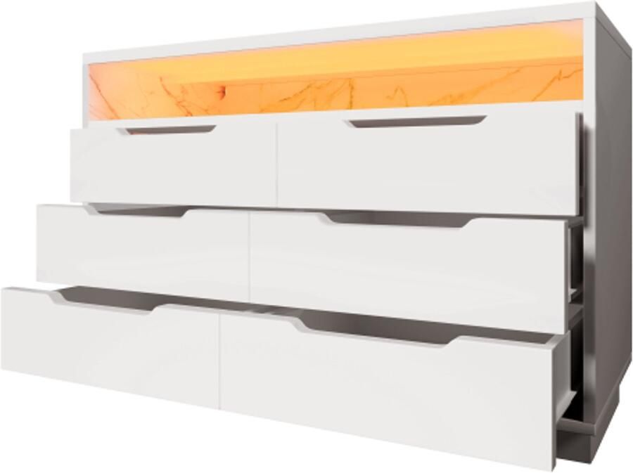 Dressoir ladekast met ledverlichting en 6 laden opbergvak met marmernerf moderne kast voor woonkamer en slaapkamer 120x40x85cm wit