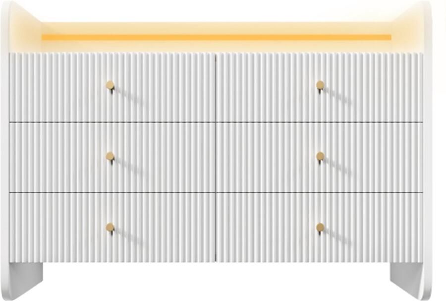 Dressoir ladekast met ledverlichting en 6 lades golfvormig groefontwerp moderne kast voor woonkamer en slaapkamer 120x40x75cm wit