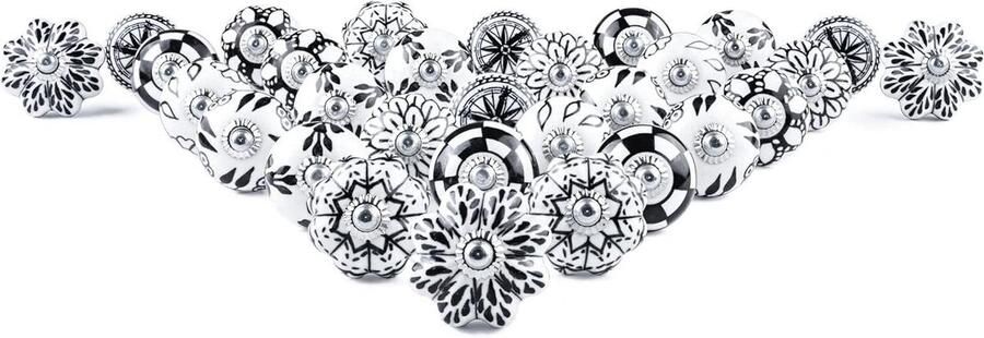 Dressoir ladeknoppen set van 30 zwart-witte keramische handgeschilderde antieke bloemen ronde trekknop Rajasthan stijl meubels en kasten kastknoppen kinderkamer