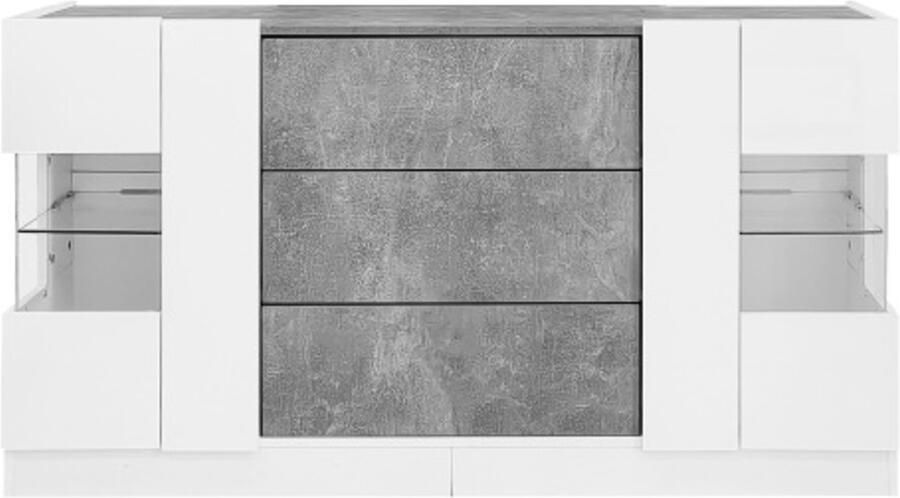 GOTAGEE Dressoir met 2 deuren en 3 laden Hoogglans witte fronten en grijze marmerlook LED-verlichting met 16 kleuren 140 x 35 x 75 cm