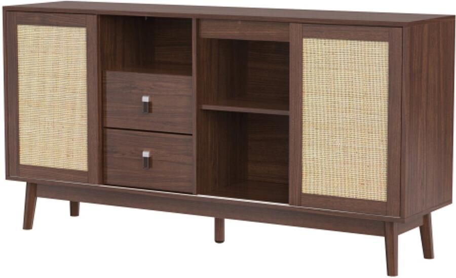 GOTAGEE Dressoir met 3 schuifdeuren van echt rotan en 2 lades 155x38x80 cm