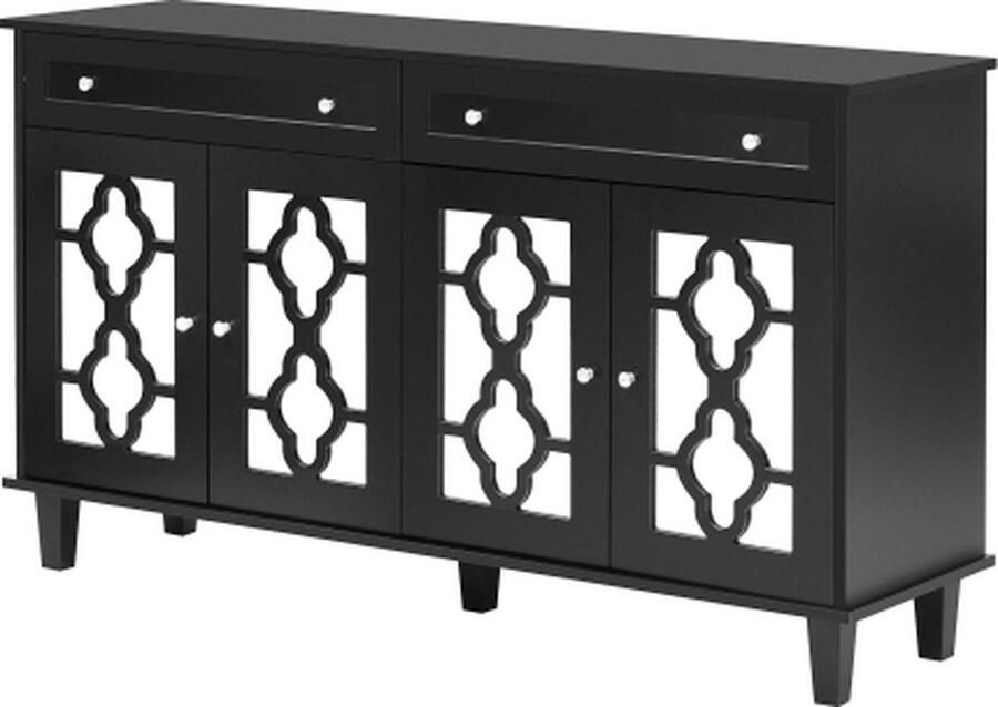 Zonder merk Gotagee Dressoir met 4 spiegeldeuren ladekast verstelbare planken en kristallen handgrepen zijkast woonkamerkast zwart