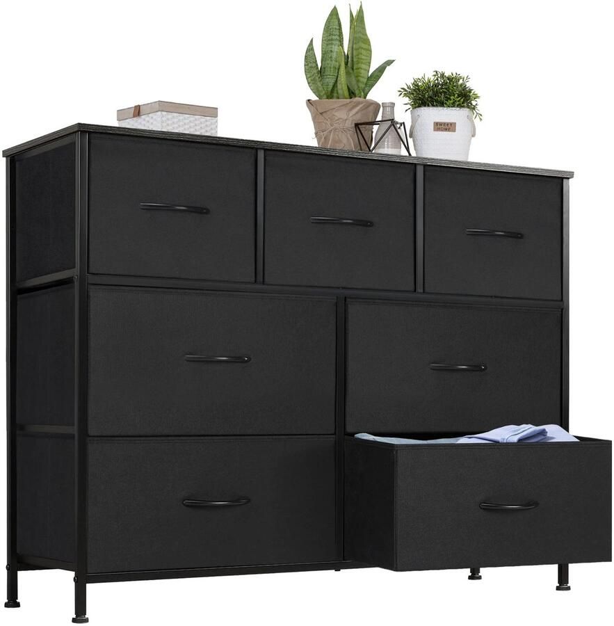 NELLA Dressoir met 7 Stoffen Lades Opbergkast Met Handgrepen Ladekast Organizer Kast Zwart Voor Slaapkamer Woonkamer of Hal