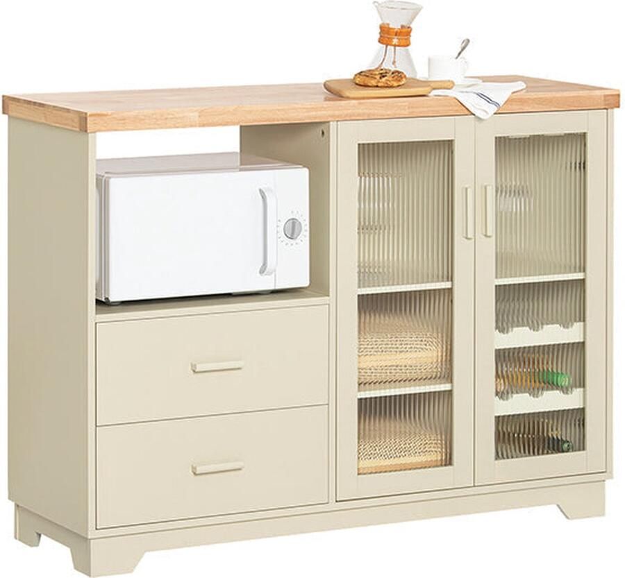 Rootz Living Rootz Dressoir met glazen deuren keukenkast dressoir halkast MDF en rubberhout opbergen en uitstallen wijnrek magnetronruimte 120 cm x 90 cm x 40 cm