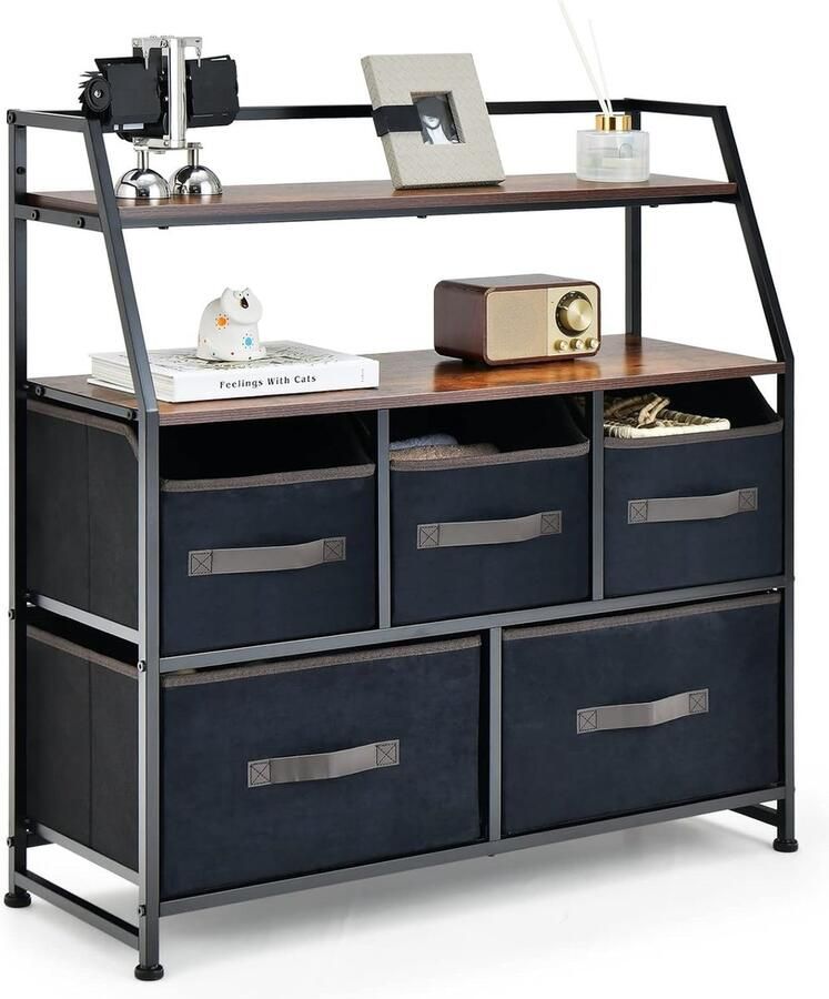 Dressoir met stoffen lades stoffen ladekast met bovenste plank en kantelbeveiliging vrijstaande kledingladekast industrieel voor woonkamer slaapkamer (5 lades)