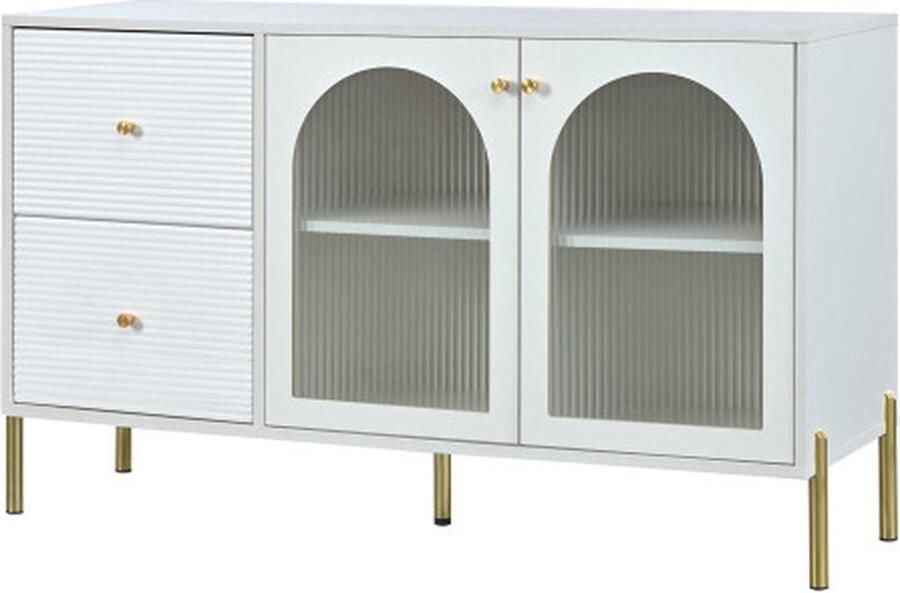 GOTAGEE Dressoir Met verstelbare planken en marmeren blad Kast met glazen deuren Wit en goud