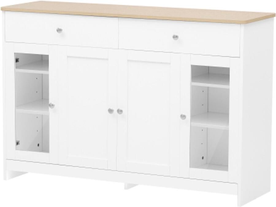 GOTAGEE Dressoir met witte houtnerf vier deuren met twee laden deur met glas. Woonkamer eetkamer. Houtkleur en wit