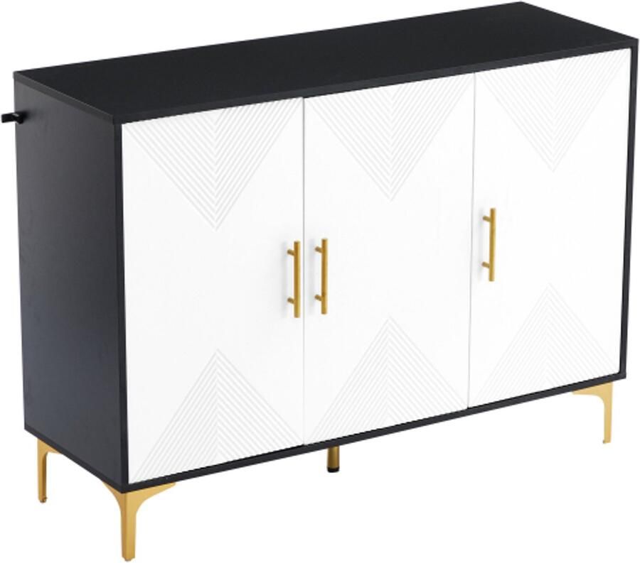 GOTAGEE Dressoir met witte mat gestreepte deuren gouden handgrepen en gouden poten dressoir met open- en sluitbare deuren geschikt voor slaapkamer woonkamer en eetkamer