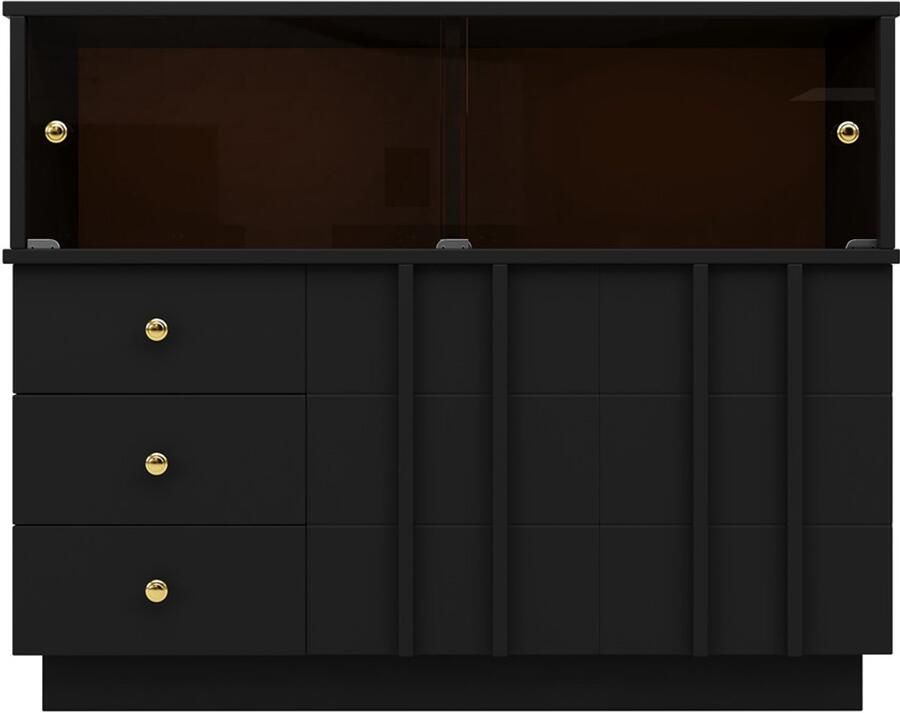 Dressoir Opbergkast Bijzetkast met 2 bruine schuifdeuren van gehard glas 3 lades en 2 deuren met een speciaal decoratief ontwerp geschikt voor keuken eetkamer en woonkamer 120×33×95 cm zwart