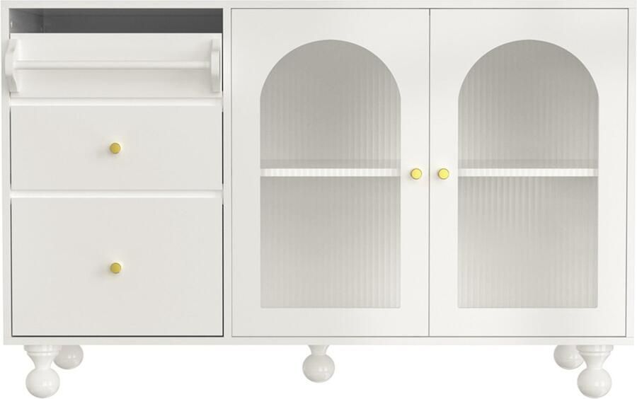 Dressoir opbergkast bijzetkast met 2 houten deuren met gedeeltelijk verticale strepen van gehard glas 3 lades en handdoekhouder geschikt voor eetkamer keuken en slaapkamer multifunctioneel modern meubel 120 x 40 x 75 5 cm wit