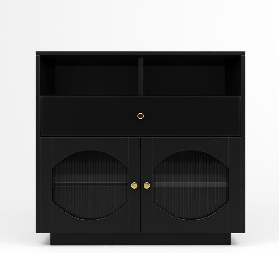 Dressoir Opbergkast Bijzetkast met 2 open vakken 1 lade en 2 houten deuren met deels verticale strepen van gehard glas geschikt voor keuken eetkamer en woonkamer 100×40×90 5cm Zwart