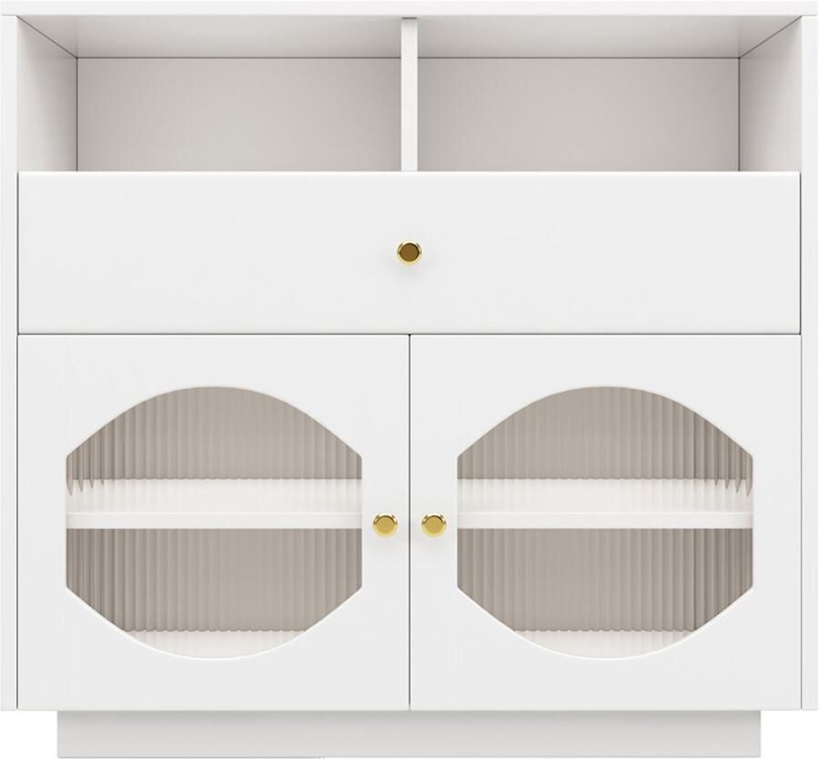Dressoir Opbergkast Bijzetkast met 2 open vakken 1 lade en 2 houten deuren met deels verticale strepen van gehard glas geschikt voor keuken eetkamer en woonkamer 100×40×90 5cm wit