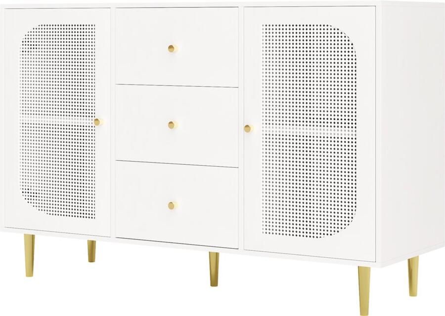 Dressoir Opbergkast Bijzetkast met 3 lades en 2 houten deuren met deels opengewerkt rotanlook design geschikt voor keuken thuis en woonkamer 120 × 40 × 90 cm wit