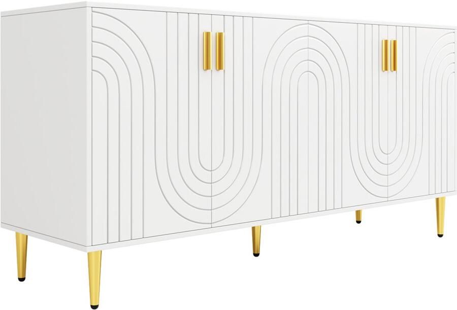 Dressoir opbergkast bijzetkast met 4 deuren in een uniek en stijlvol golvend patroon voorzien van goudkleurige handgrepen en poten geschikt voor eetkamer woonkamer en slaapkamer 152 x 40 x 75 cm wit
