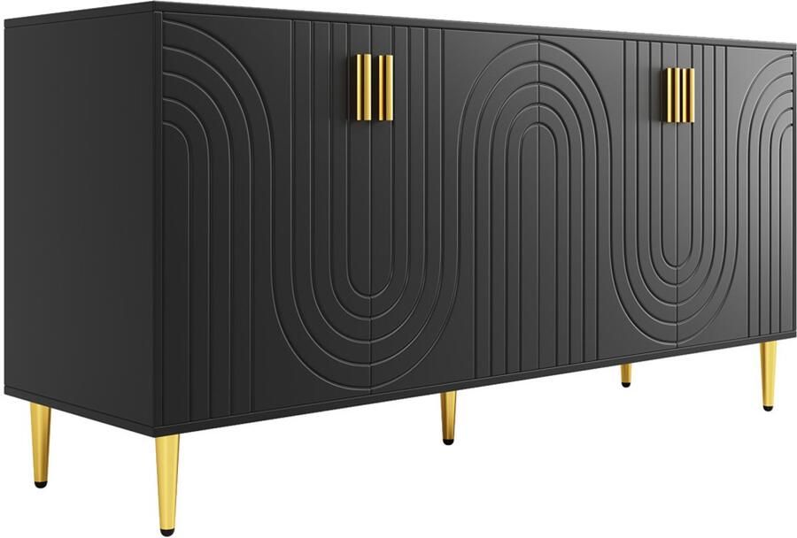 Dressoir opbergkast bijzetkast met 4 deuren in een uniek en stijlvol golvend patroon voorzien van goudkleurige handgrepen en poten geschikt voor eetkamer woonkamer en slaapkamer 152 x 40 x 75 cm Zwart