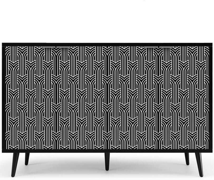 Dressoir Opbergkast Bijzetkast met 4 deuren met uniek gegraveerd patroon en kantelbeveiliging geschikt voor eetkamer woonkamer en slaapkamer 120×35×78 cm zwart