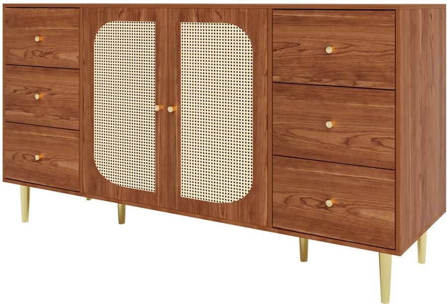 Dressoir Opbergkast Bijzetkast met 6 lades en 2 houten deuren met een speciaal rotanlook design geschikt voor keuken huis en woonkamer 160 × 40 × 90 cm Houtkleur