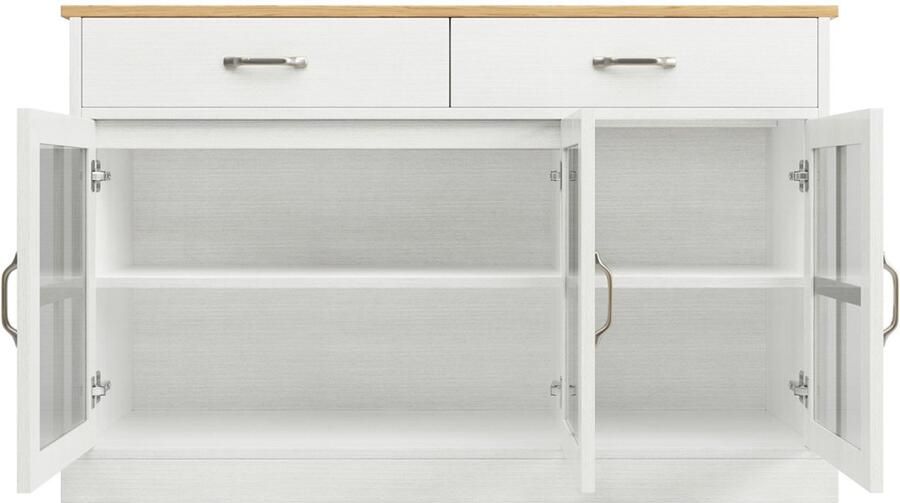 Dressoir opbergkast bijzetkast vitrinekast met 2 lades en 3 houten deuren met gedeeltelijk gehard glas vintage glasontwerp geschikt voor keuken eetkamer en woonkamer 120×40×84 cm wit