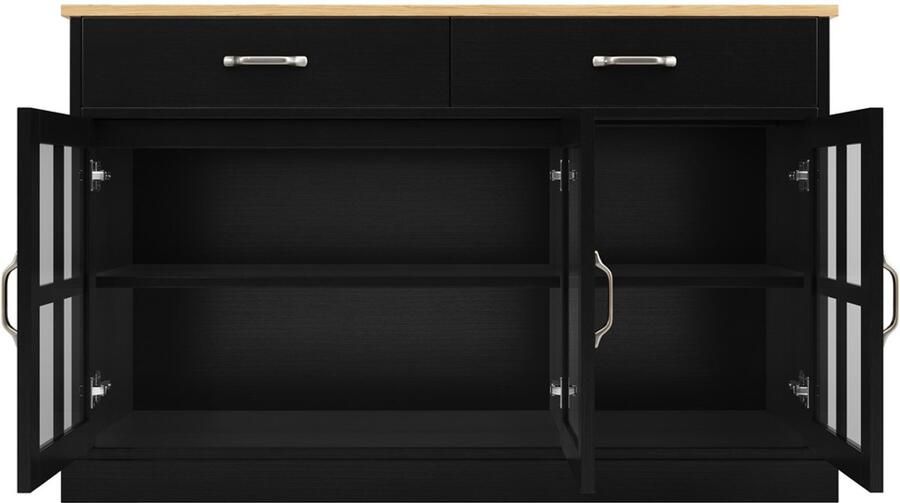 Dressoir opbergkast bijzetkast vitrinekast met 2 lades en 3 houten deuren met gedeeltelijk gehard glas vintage glasontwerp geschikt voor keuken eetkamer en woonkamer 120×40×84 cm Zwart