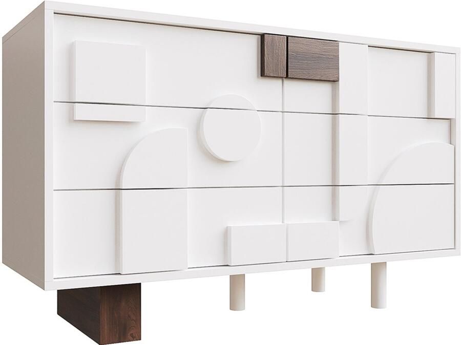 Dressoir Opbergkast Kast met 6 handgreeploze lades met geometrisch design geschikt voor eetkamer en woonkamer 120×40×75 cm wit