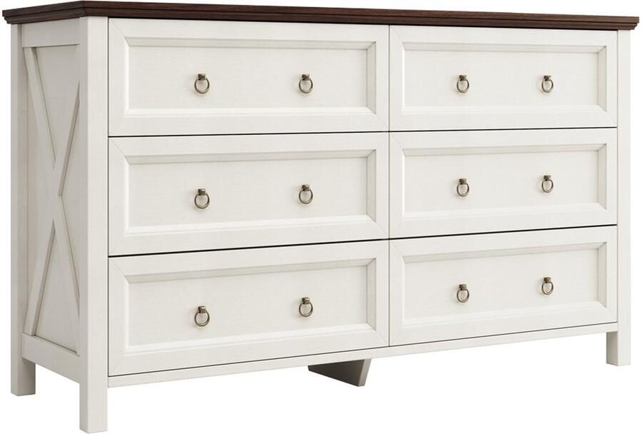 Dressoir Opbergkast Ladekast Bijzetkast met 6 lades en aluminium handgrepen Houten-look bruine bovenblad gecombineerd met een minimalistisch kastontwerp Geschikt voor slaapkamer woonkamer en eetkamer 137×40×79 5 cm wit