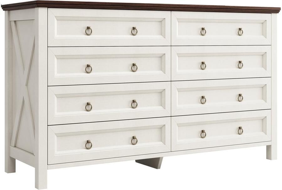 Dressoir Opbergkast Ladekast Bijzetkast met 8 lades en aluminium handgrepen Houten-look bruine bovenblad gecombineerd met een minimalistisch kastontwerp Geschikt voor slaapkamer woonkamer en eetkamer 137×40×79 5 cm wit