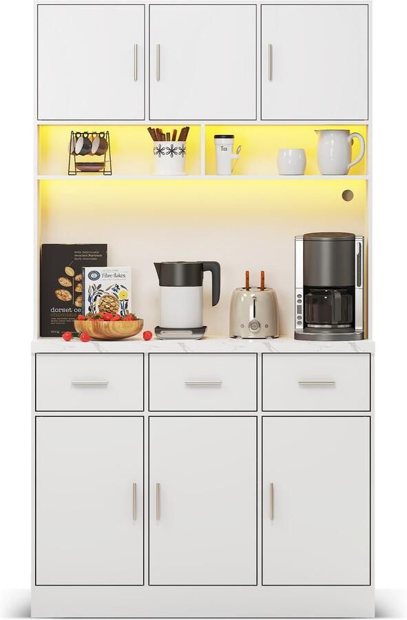 Dressoir opbergkast multifunctionele zijkast met LED-verlichting 3 lades 6 vakken kabeldoorvoer en stopcontact 100x40x180 cm wit