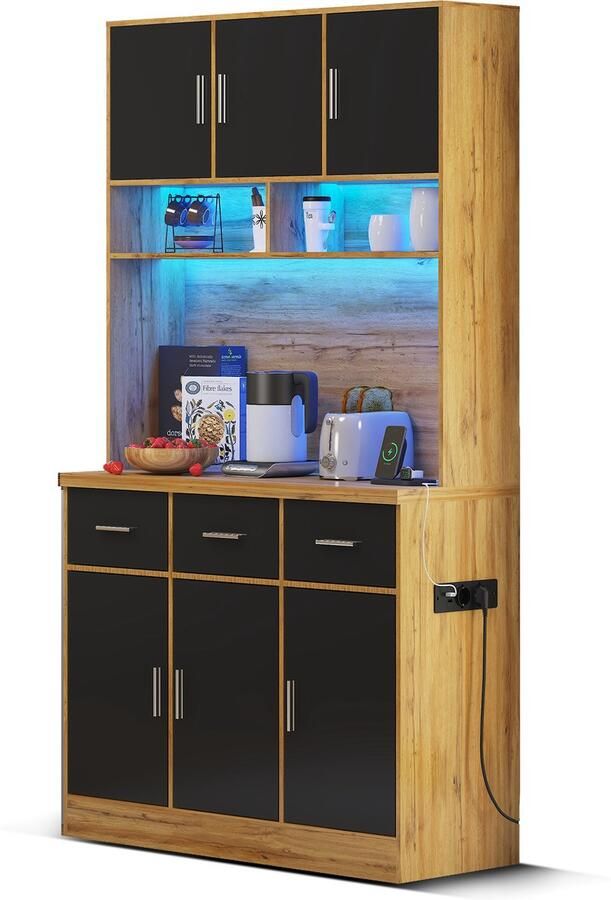 Zonder merk Gotagee multifunctioneel Buffetkast 100x40x180cm met LED-verlichting met afstandsbediening laden verstelbare planken kabeldoorvoergaten en stopcontacten voor keukens en eetkamers