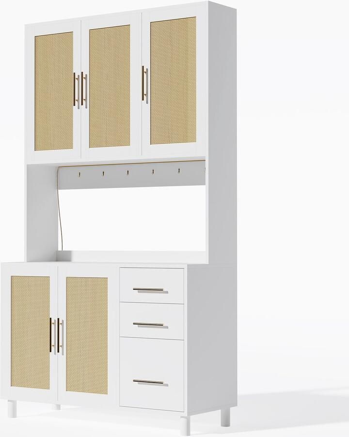 Dressoir opbergkast servieskast met LED-verlichting open vakken stopcontact verstelbare planken 3 lades en 5 deuren ontwerp in moderne landelijke stijl 100x40x183 cm wit