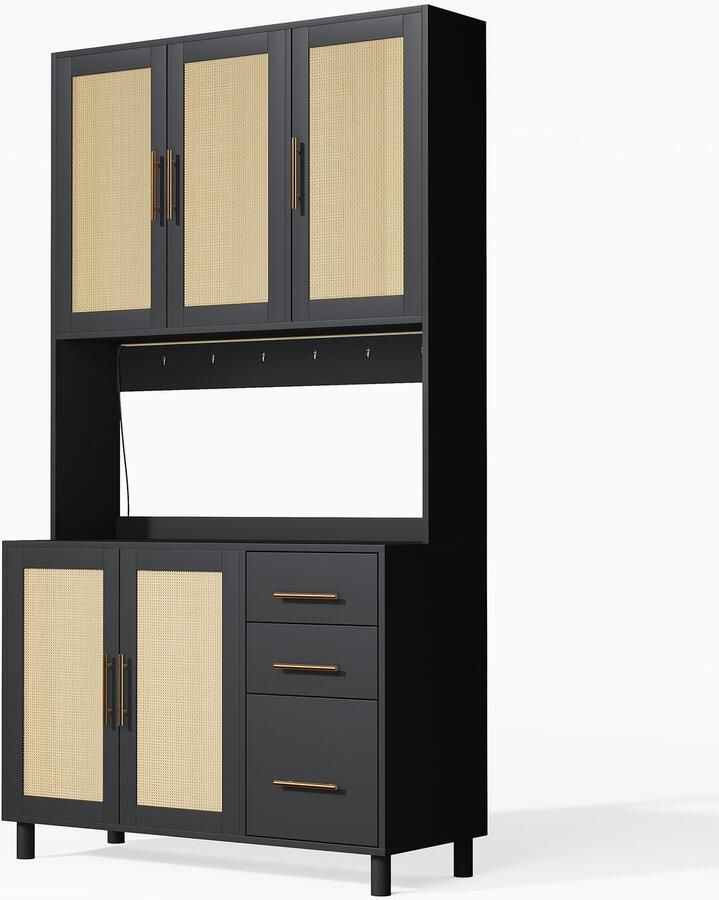 Dressoir opbergkast servieskast met LED-verlichting open vakken stopcontact verstelbare planken 3 lades en 5 deuren ontwerp in moderne landelijke stijl 100x40x183 cm Zwart