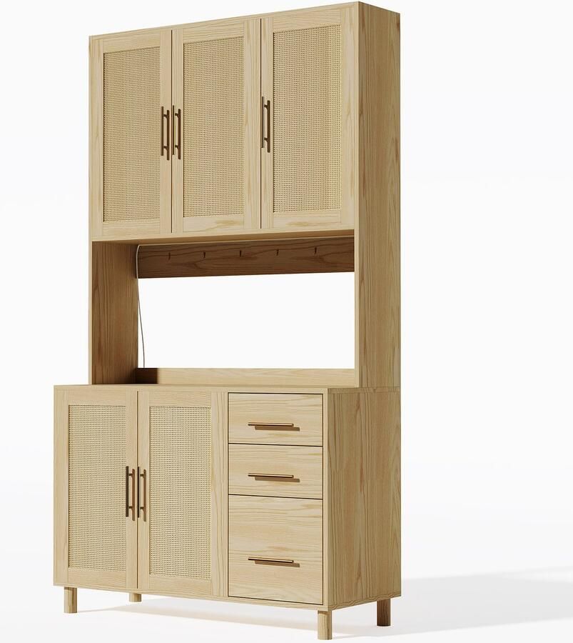 Dressoir opbergkast servieskast met LED-verlichting open vakken stopcontact verstelbare planken 3 lades en 5 deuren ontwerp in moderne landelijke stijl 100x40x183 cm Houtkleur