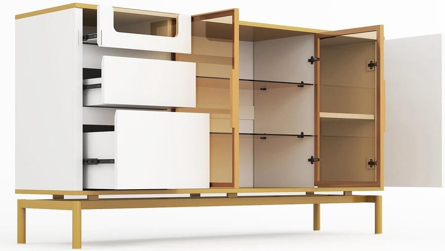 Dressoir opbergkast vitrinekast met 3 lades 2 gehard glazen deuren en 1 houten deur marmerlook blad 150x40x80 cm wit