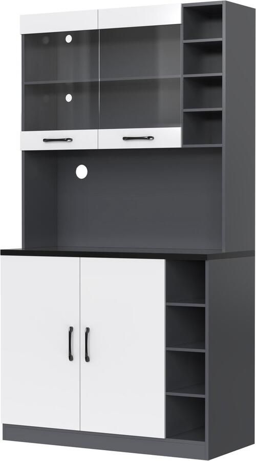 Dressoir opbergkast vitrinekast met LED-verlichting 8 open vakken 1 ruim werkblad een paar glazen dubbele deuren en 1 kast modern en elegant ontwerp 100x47x187 cm wit