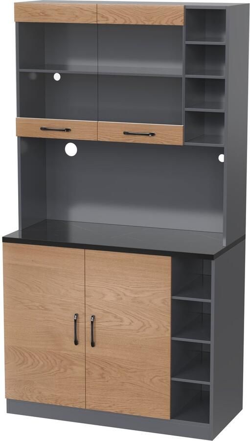 Dressoir opbergkast vitrinekast met LED-verlichting 8 open vakken 1 ruim werkblad een paar glazen dubbele deuren en 1 kast modern en elegant ontwerp 100x47x187 cm houtkleur