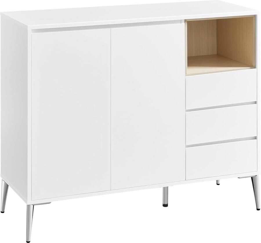 Dressoir opbergkast zijkast met 2 deuren verstelbare planken 2 laden en 1 open vak. Eigentijdse moderne en minimalistische stijl. Stevig en duurzaam houten frame geschikt voor keuken eetkamer woonkamer en slaapkamer 40 x 103 5 x 85 cm wit