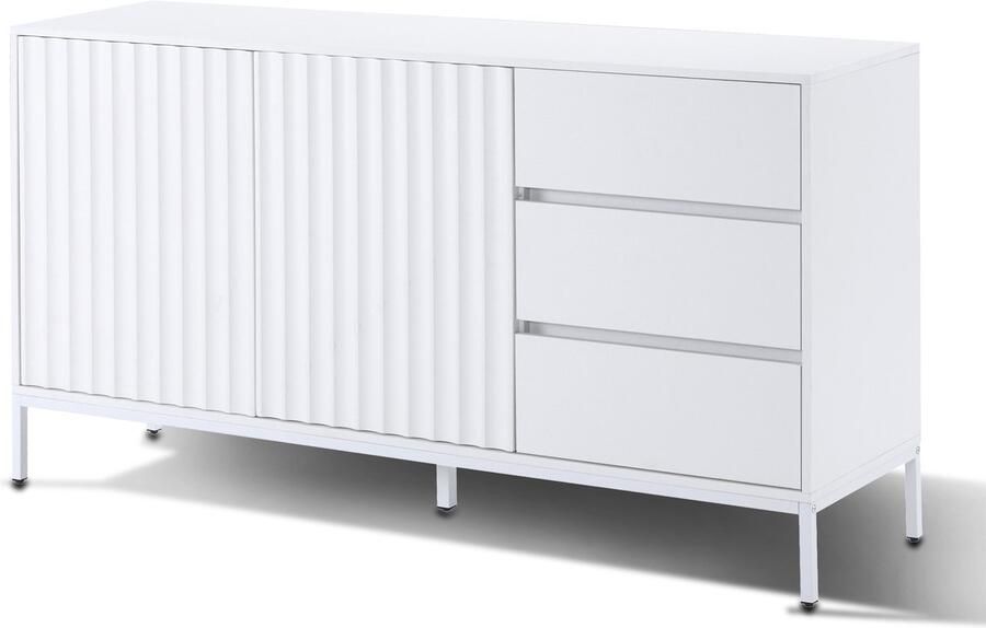 Dressoir opbergkast zijkast met 3 lades 1 dubbele deur en verstelbare planken dubbele deuren met golfpatroon 150x40x79 cm wit