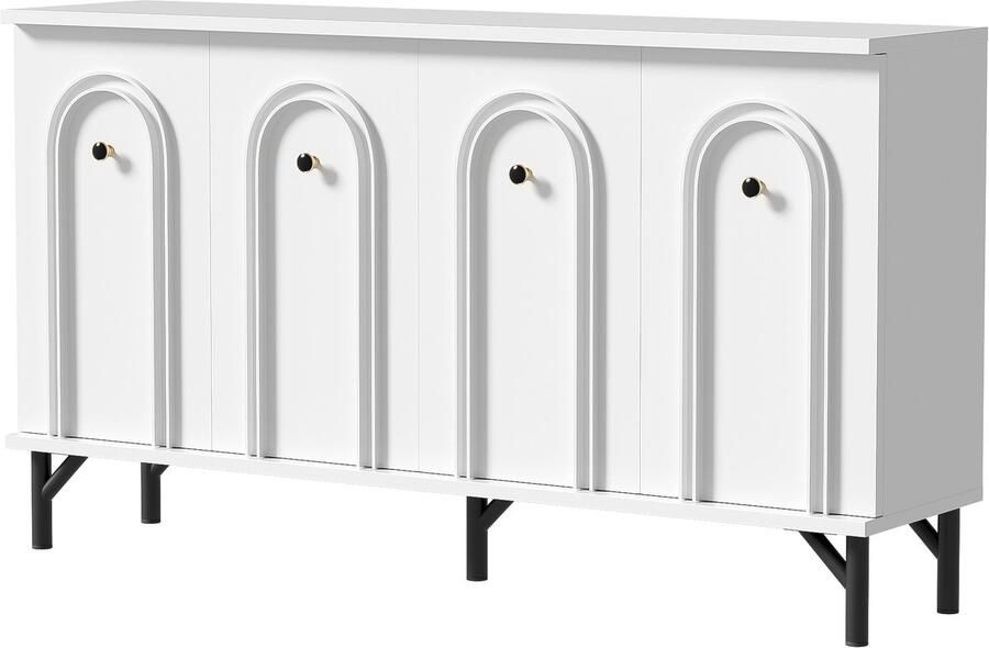 Dressoir opbergkast zijkast met 4 deuren en verstelbare planken 3D gebogen panelen multifunctionele opbergruimte voor de woonkamer eetkamer en gang 140 x 34 x 78 cm wit