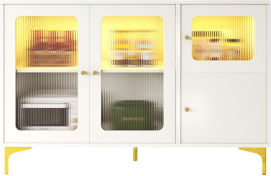 Dressoir opbergkast zijkast met kleurveranderende LED-verlichting 1 deur en 3 houten deuren met deels verticale gestreepte gehard glazen panelen stevige gouden metalen poten geschikt voor eetkamer woonkamer en slaapkamer 140 x 40 x 90 cm wit