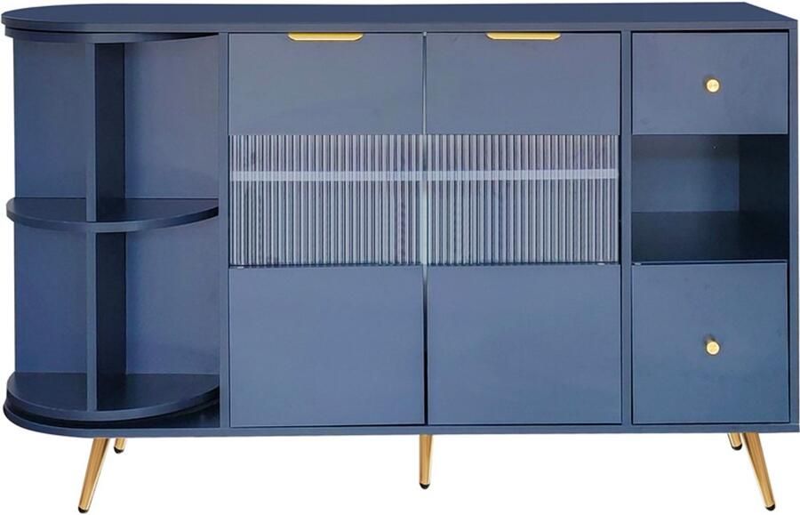 Dressoir opbergkast zijkast met kleurveranderende LED-verlichting 7 open vakken 2 lades en 2 houten deuren deels van gehard glas modern minimalistisch design geschikt voor keuken eetkamer woonkamer en slaapkamer 130x40x80 cm blauw