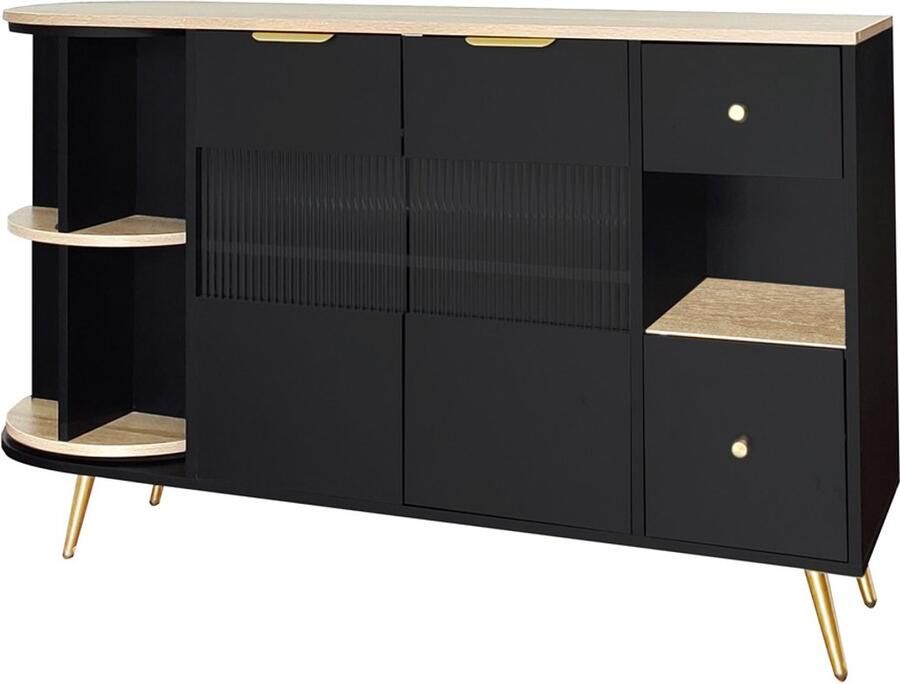 Dressoir opbergkast zijkast met kleurveranderende LED-verlichting 7 open vakken 2 lades en 2 houten deuren deels van gehard glas modern minimalistisch design geschikt voor keuken eetkamer woonkamer en slaapkamer 130x40x80 cm Zwart