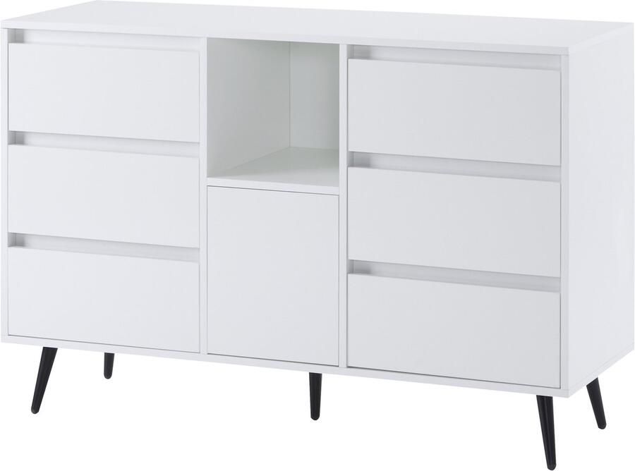 Dressoir opbergkast zijkast met LED-verlichting open displayvak 1 deur en 6 stille lades modern minimalistisch ontwerp 120x40x80 cm wit