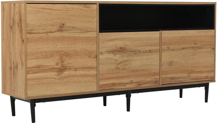 Dressoir opbergkast zijkast met open compartimenten en 3 deuren modern en minimalistisch ontwerp geschikt voor woonkamer slaapkamer of eetkamer 160x35x76cm houtkleur