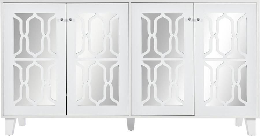 Dressoir opbergkast zijkast met stijlvolle spiegelafwerking en kristallen handgrepen met 4 deuren en verstelbare planken geschikt voor de woonkamer en eetkamer 160 x 40 x 84 cm wit