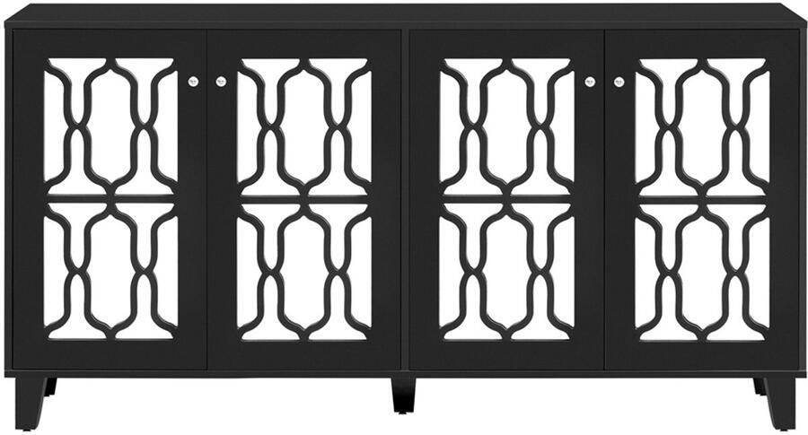 Dressoir opbergkast zijkast met stijlvolle spiegelafwerking en kristallen handgrepen met 4 deuren en verstelbare planken geschikt voor de woonkamer en eetkamer 160 x 40 x 84 cm zwart