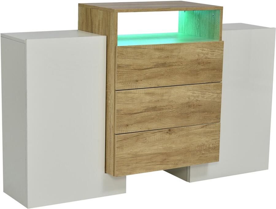 Dressoir opbergkast zijkast met verstelbare LED-verlichting 1 open vak en 3 lades modern minimalistisch ontwerp 140 x 30 x 77 5 cm wit + houtkleur