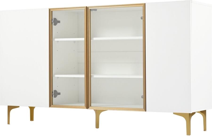 Dressoir Opbergkast zijkast vitrine met 2 glazen deuren en 2 houten deuren modern minimalistisch ontwerp zonder handgrepen 150 x 38 x 85 cm wit
